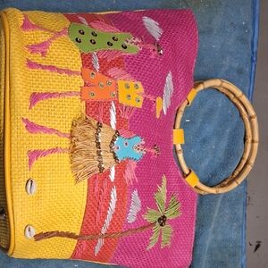 Colorful Woven Tote Bag with Bamboo Handle